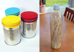Tin drum and rain bottle